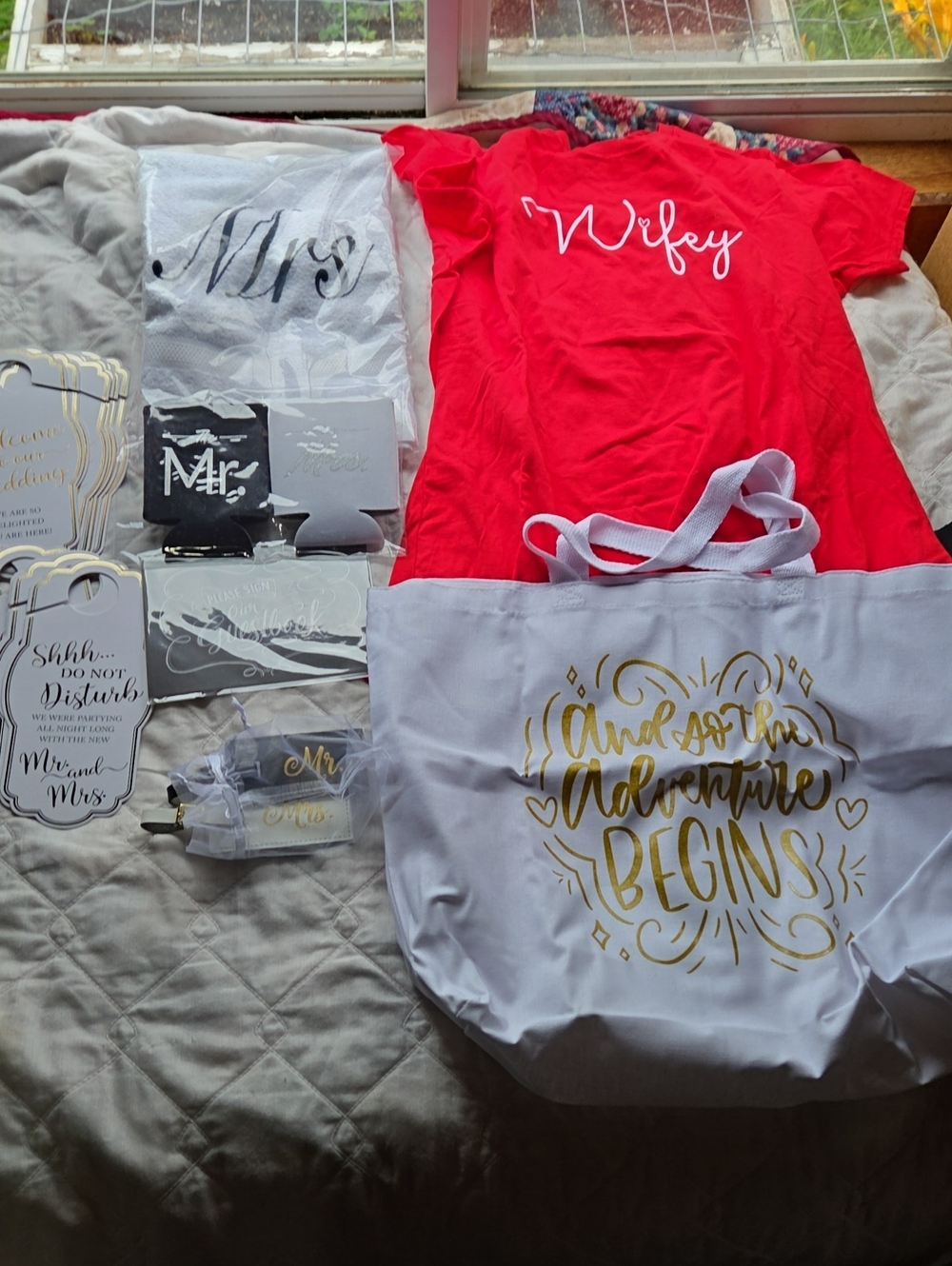 Wifey Red T-Shirt and White Gold Tote Bridal Set And Other accessories